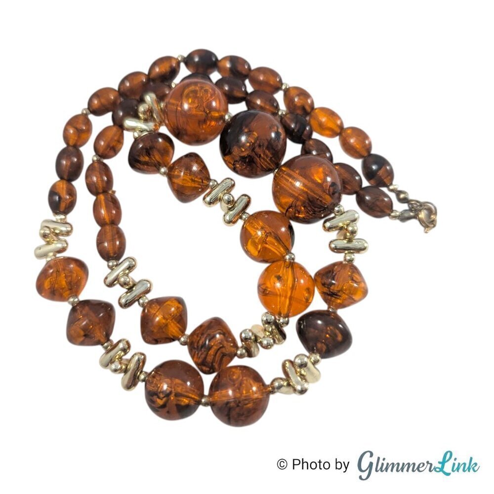 Vintage Graduated Amber Brown Lucite Beaded Gold Tone Necklace